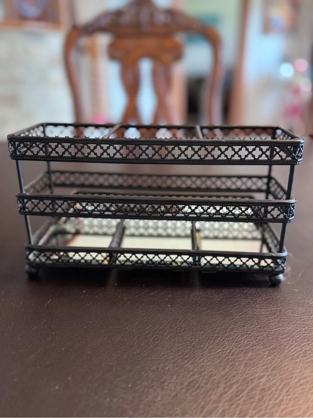 Two-Tier Black Metal Jewelry/Makeup Organizer with Mirrored Tray